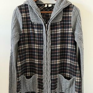 Moth (Anthropologie) Derry Cable Knit Wool Plaid Flannel Hooded Sweater Jacket
